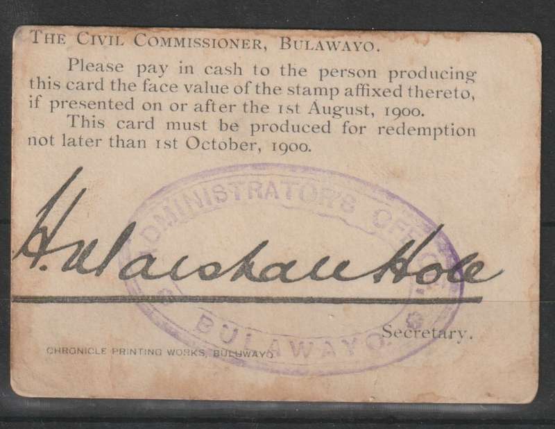 Rhodesia BSAC 1900 Marshal Hole Currency Card 1s small arms