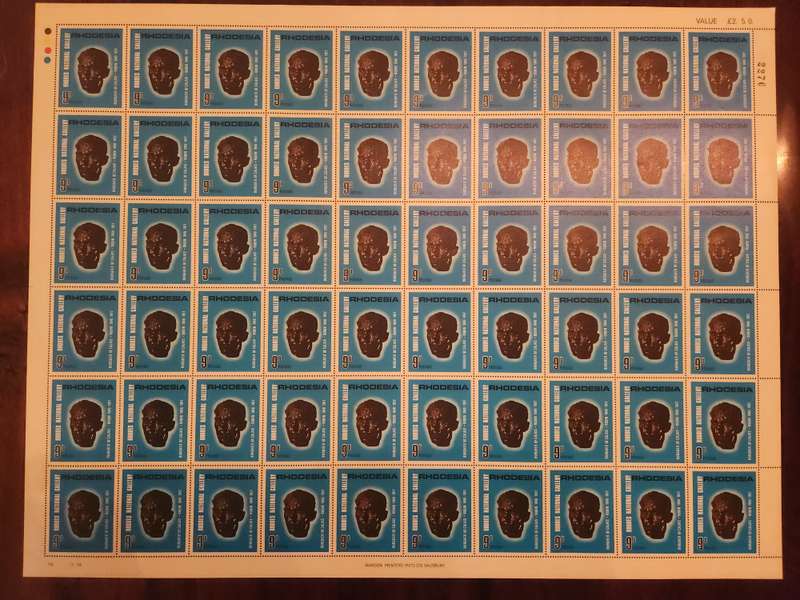 Rhodesia 1967 National Gallery 9d full sheet with 3 listed plate flaws