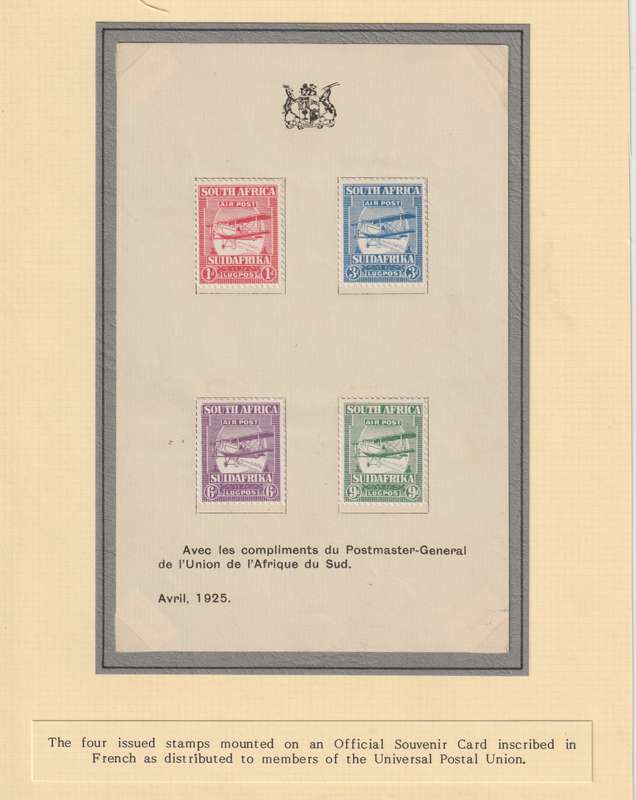 South Africa 1925 Airmail Presentation Card in French with additional official letter very fine