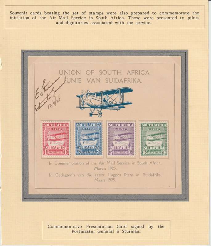 South Africa 1925 Airmail Presentation Card signed by Postmaster general E Stuurman very fine
