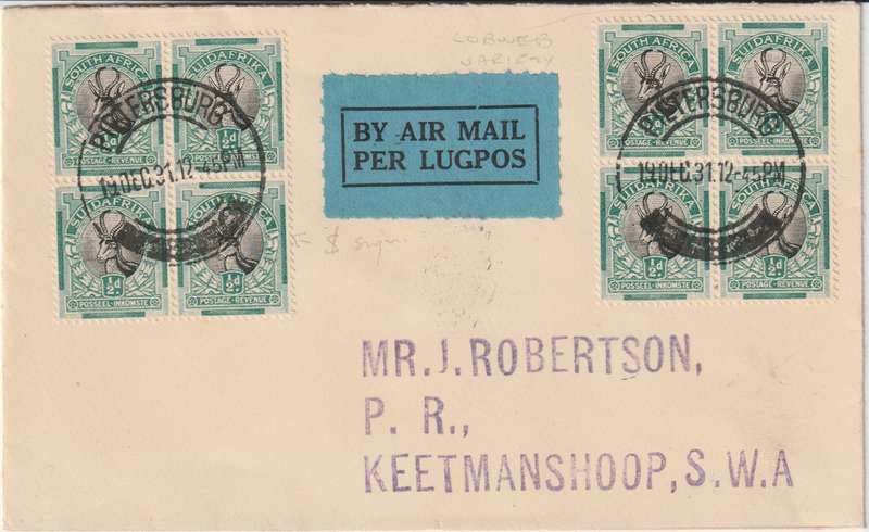 South Africa 1931 19 Dec., First Flight Pitersburg to SWA with 1/2d blks with Dollar & Cobweb flaws