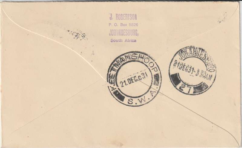 South Africa 1931 19 Dec., First Flight Pitersburg to SWA with 1/2d blks with Dollar & Cobweb flaws