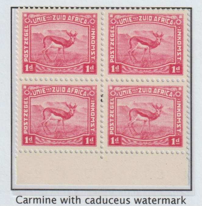 South Africa 1923 Harrison 1d carmine marginal block of 4 very fine