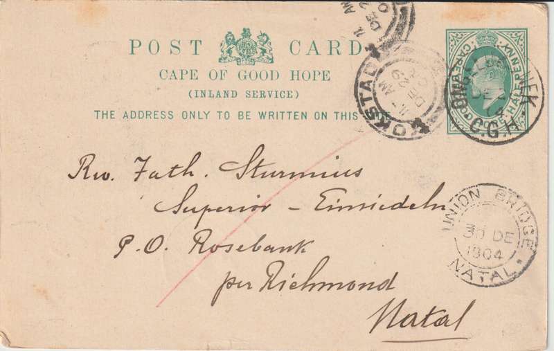 Cape of Good Hope 1904 KEVII 1/2d postcard from Ongeluksnek with Union Bridge Natal cancel