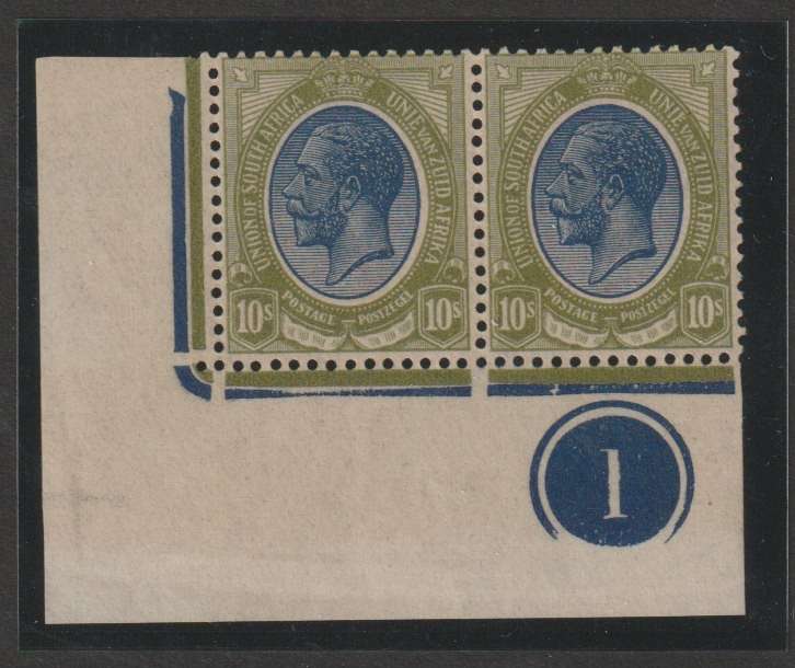 South Africa 1913 KGV 10s blue and pale olive bottom left control pair very fine mint