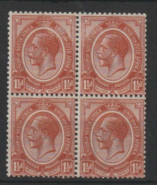 South Africa 1913 KGV 1 1/2d blk 4 with missing horn in watermark  very fine unmounted mint