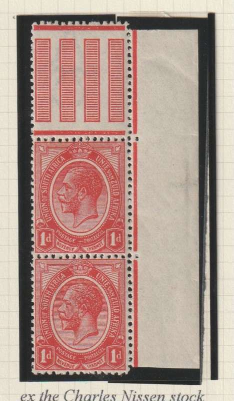 South Africa 1913 KGV 1d vertical pair to stamp no watermark very fine unmounted mint