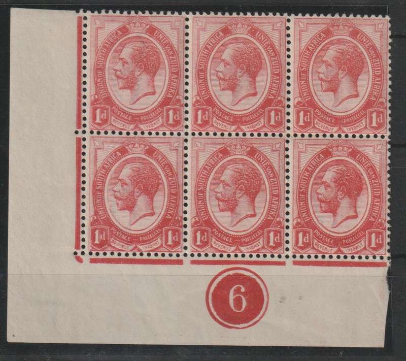 South Africa 1913 KGV 1d very worn plate control 6 bottom left blk 6  very fine unmounted mint