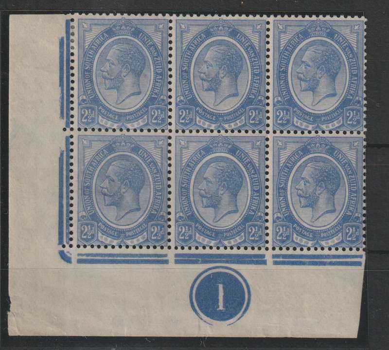South Africa 1913 KGV 2 1/2d plate 1 bottom  left block of 6 very fine  mint