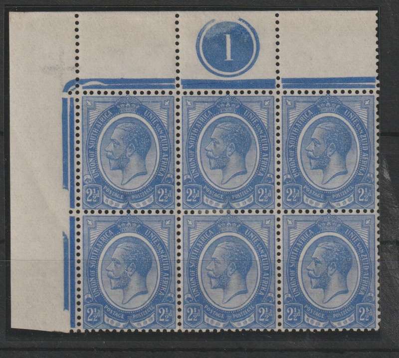 South Africa 1913 KGV 2 1/2d plate 1 top left block of 6 very fine  mint
