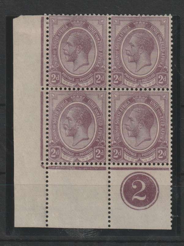 South Africa 1913 KGV 2d control 2 bottom left reversed perfs block very fine unmounted mint