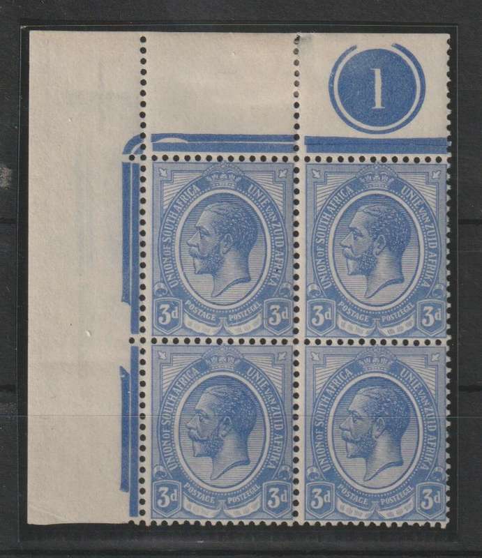 South Africa 1913 KGV 3d deep ultramarine plate 1 top left block of 4 very fine unmounted mint