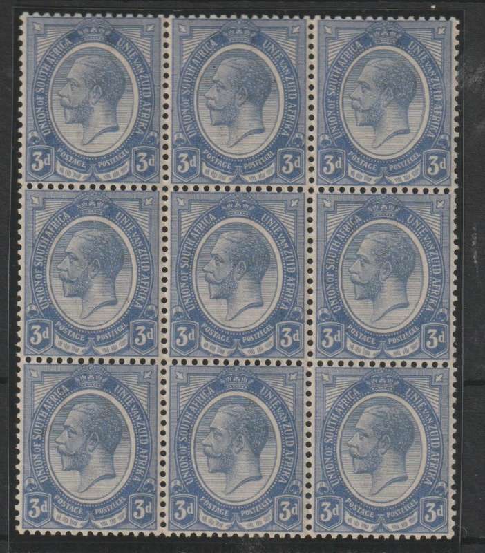 South Africa 1913 KGV 3d deep ultramarine block of 9 very fine unmounted mint