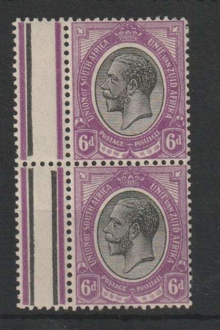 South Africa 1913 KGV 6d vertical pair with missing jubilee line  very fine mint