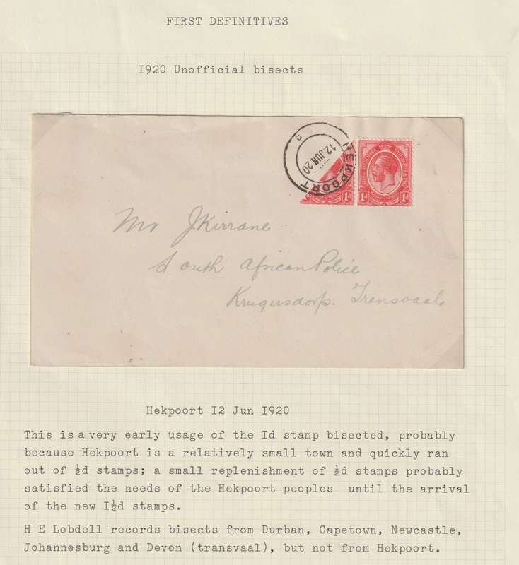 South Africa 1920 KGV  1d bisect to make 1 1/2d rate on Hekpoort cover  very fine and scarce