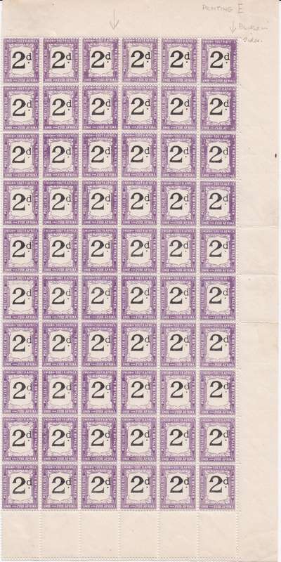South Africa Postage Due 1922 2d black & deep violet pane of 60 with major over inking thro margins