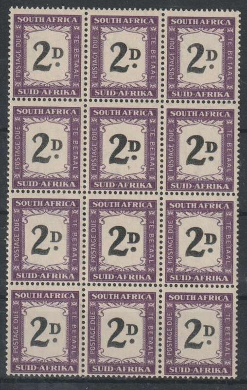 South Africa Postage Due 1950 2d block of 12 with 4x thick D varieties