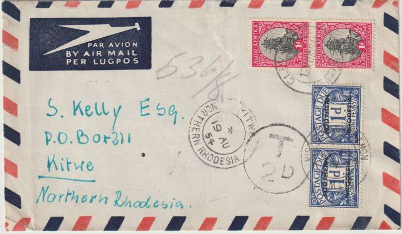 Southern Rhodesia 1954 SA cover to Kitwe with Tax 2d marking & 1d postage dues x2 very fine
