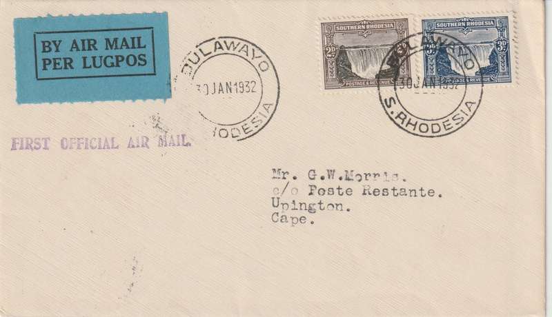 Southern Rhodesia 1932 30 Jan 1st Flight cover from Bulawayo to Upington