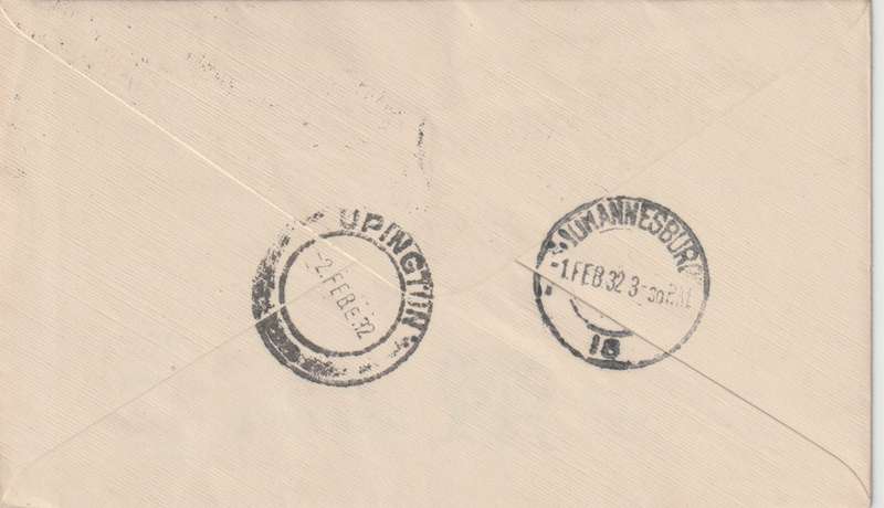 Southern Rhodesia 1932 30 Jan 1st Flight cover from Bulawayo to Upington