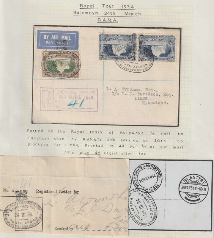 Southern Rhodesia 1934 Royal Tour registered cover from Bulawayo to Limbe Nyasaland very fine