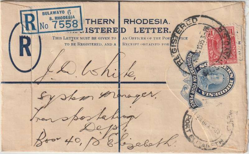 Southern Rhodesia 1935 KGV 4d registered envelope with 1d Bulawayo to Port Elizabeth