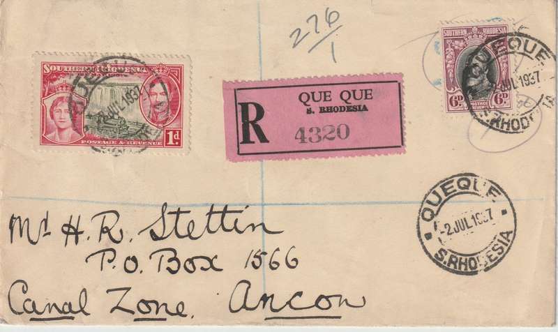 Southern Rhodesia 1937 Que Que registered cover to Ancon / Canal Zone