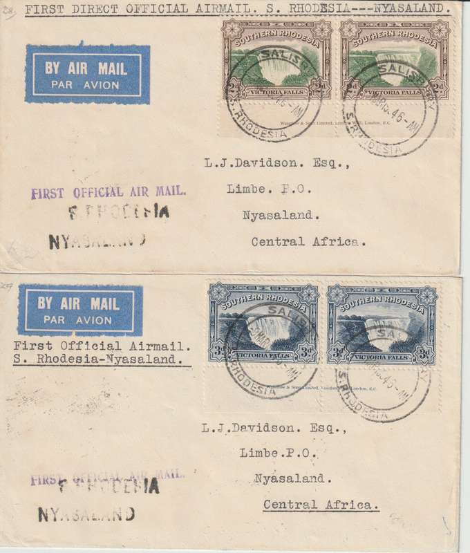 Southern Rhodesia 1946 Falls et of 2 imprints on 2 First Flight covers Salisbury to Nyasaland