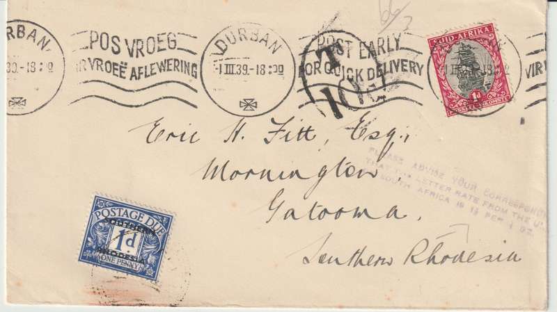 Southern Rhodesia 1939 SA 1d Durban cover to Gatooma with Tax marking and 1d postage due