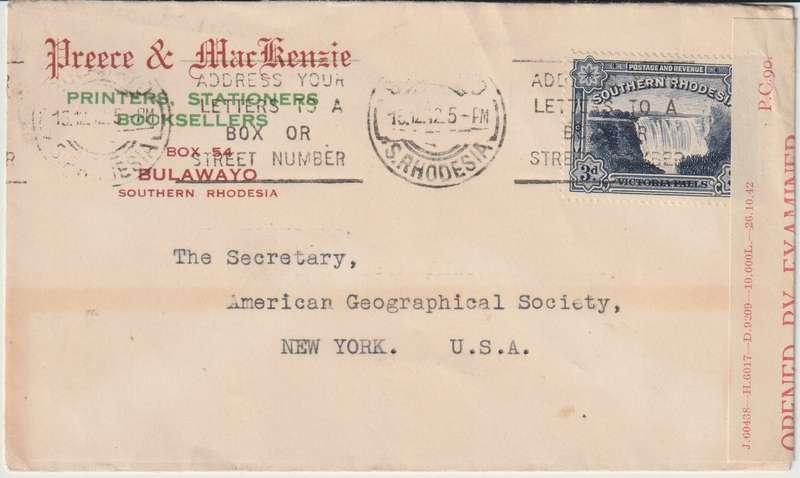 Southern Rhodesia 1942 Falls 3d on censored Preece & MacKenzie company Bulawayo cover