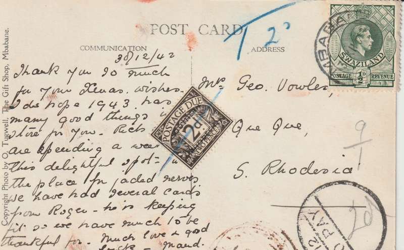 Southern Rhodesia 1942 Swaziland KGVI 1/2d on postcard with Tax markings and 2d postage due