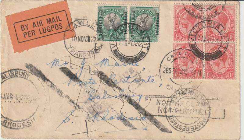Southern Rhodesia 1932 SA Victoria West cover to Salisbury and re-addressed, very fine