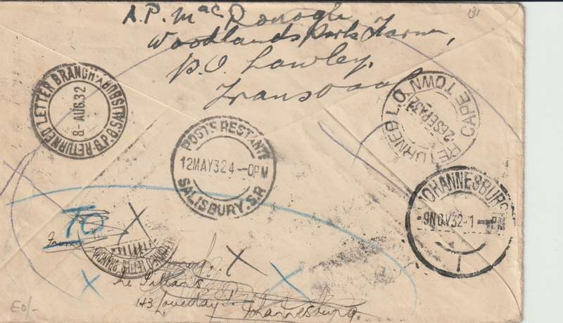 Southern Rhodesia 1932 SA Victoria West cover to Salisbury and re-addressed, very fine