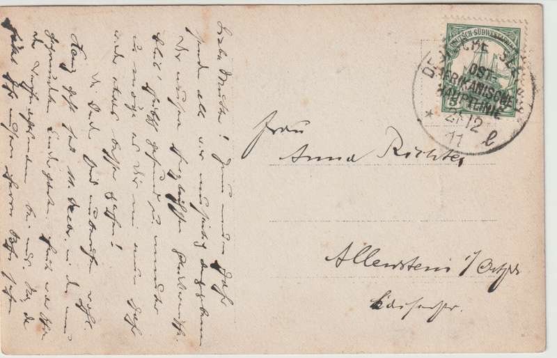 South West Africa 1911 Deutsche Seepost Ost Afrikanishe Hauptlinie ship cancel on postcard
