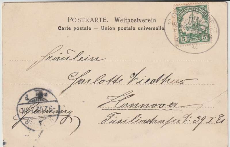 South West Africa 1900 Deutsche Seepost Linie Deutsche Sudwestafrika ship cancel on postcard