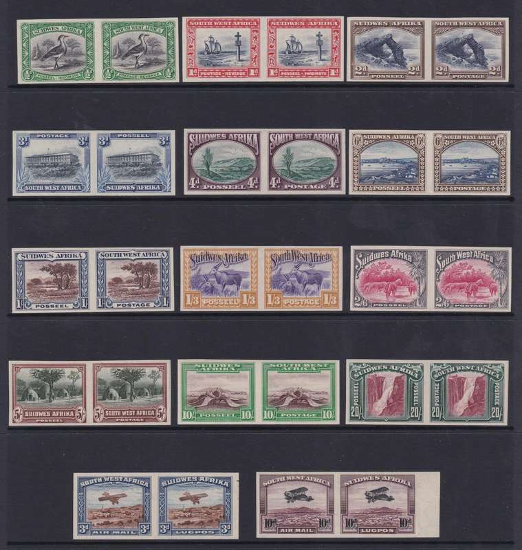 South West Africa 1931 Pictorial set 12 & Airmails set 2 imperforate proof pairs unmounted mint