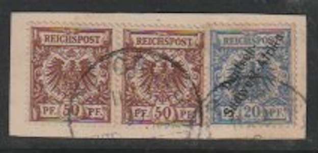South West Africa 1899 Forerunner 50Pfg pair and 20Pfg overprinted with Cap Cross cancel on piece