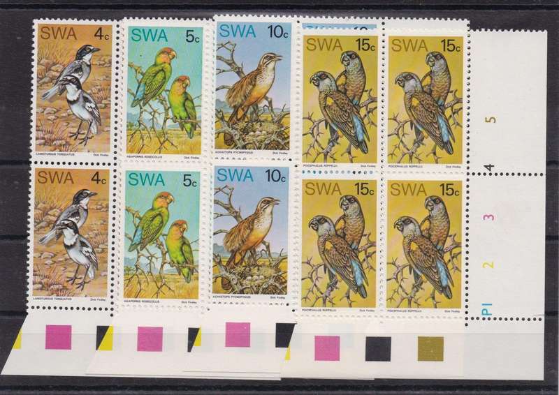 South West Africa 1974 Rare Birds set of 4 control blocks of 4 very fine unmounted mint