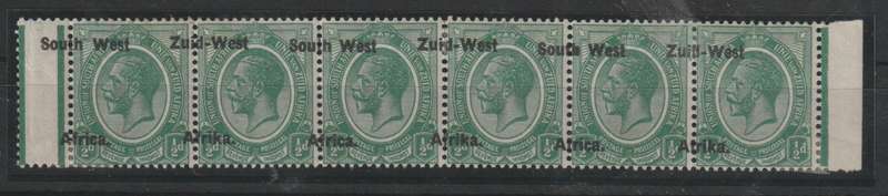 South West Africa 1923 KGV Type I 1/2d strip of 6 with major overprint shift up and left  fine mint