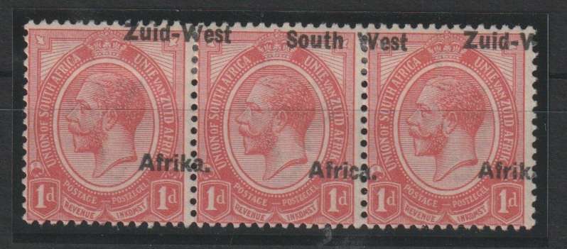 South West Africa 1923 KGV Type I 1d strip of 3 with major overprint shift up and left  fine mint