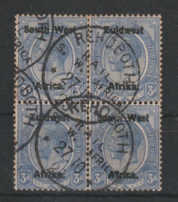 South West Africa - Postmarks - Rehoboth Rail cds on KGV Type III 3d block of 4