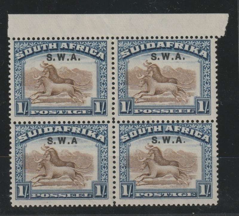 South West Africa 1927 London 1/- block of 4 with missing stop very fine unmounted mint
