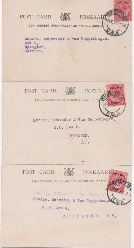 South West Africa 1924/25 KGV 1d on 3 SAR&H postcards with Windhoek SAR&H cachets concerning claims