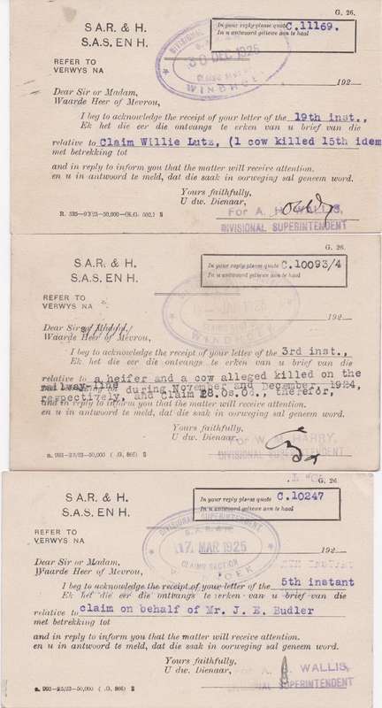 South West Africa 1924/25 KGV 1d on 3 SAR&H postcards with Windhoek SAR&H cachets concerning claims