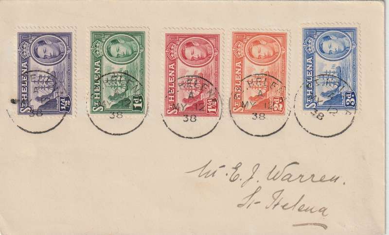 ST Helena 1938, My 12, KGVI low 5 value sincluding scarce 3d on local first day cover use