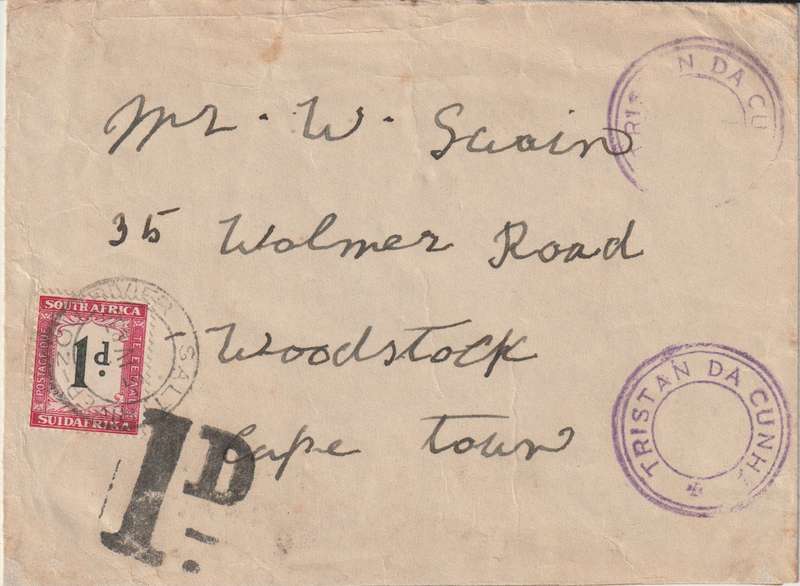 Tristan Da Cunha 1938 unfranked cover with Type VI cachet to SA with 1d postage due