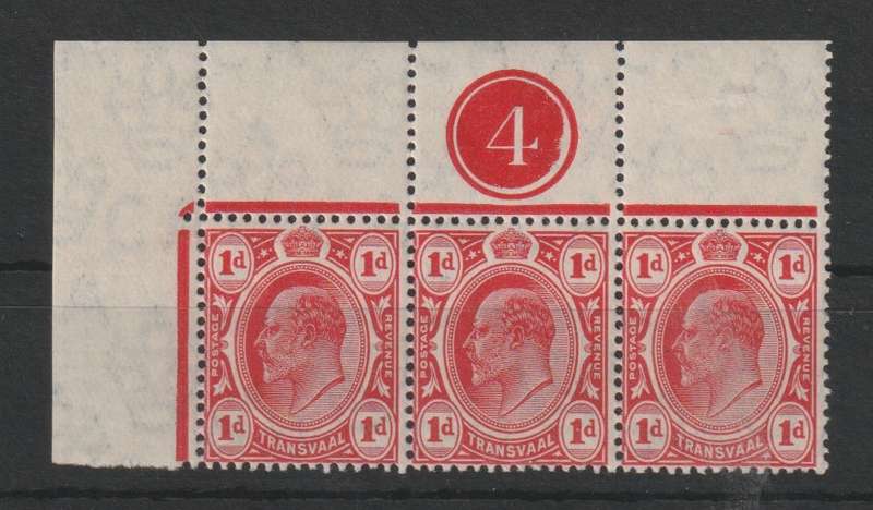 Transvaal 1905 KEVII 1d plate no 4 top left strip of 3  very fine unmounted mint
