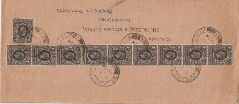 Tanganyika 1924 GEA KGV 1c x10 on local Camp Post Office Daresalaam cover very fine