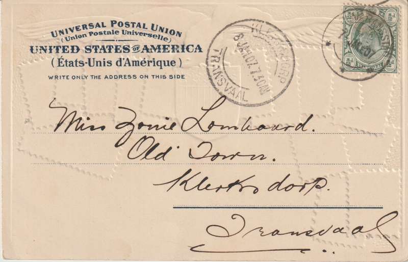 USA 1907 Stamp Embossed postcard used in Wolmeransstad Transvaal, very fine