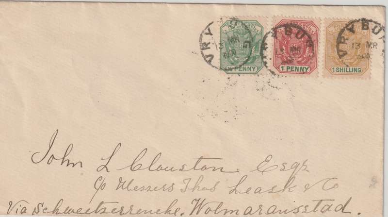 Cape of Good Hope Vryburg 1900 Boer occupation Transvaal 1/2d, 1d & 1s on cover to Wolmeransstad